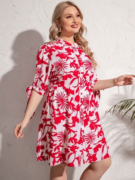 

plus allover floral print knot detail button through dress q2pk#, Black