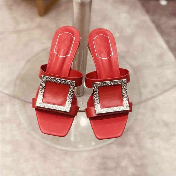 

slippers women's brand designer slippers thick high heels black and red summer shoes crystal metal decoration women's slide