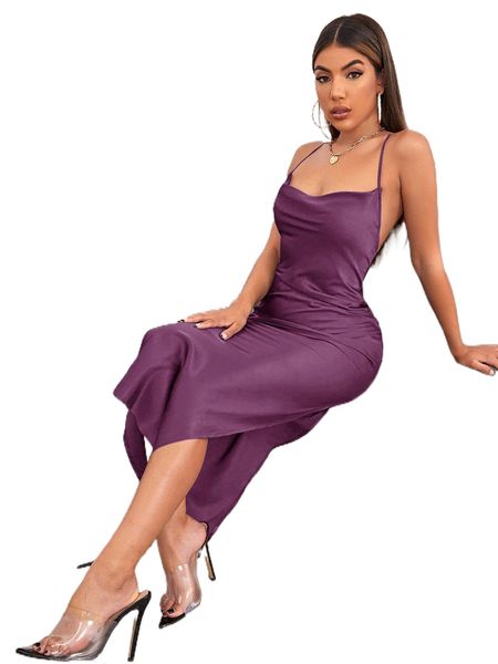 

crisscross back high split dress 29ix#, Black;gray