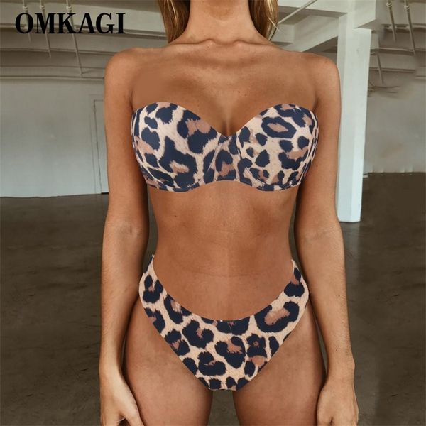 

omkagi bikini set bandeau high cut solid swimsuit women swimwear push up bathing suit beachwear leopard 220414, White;black