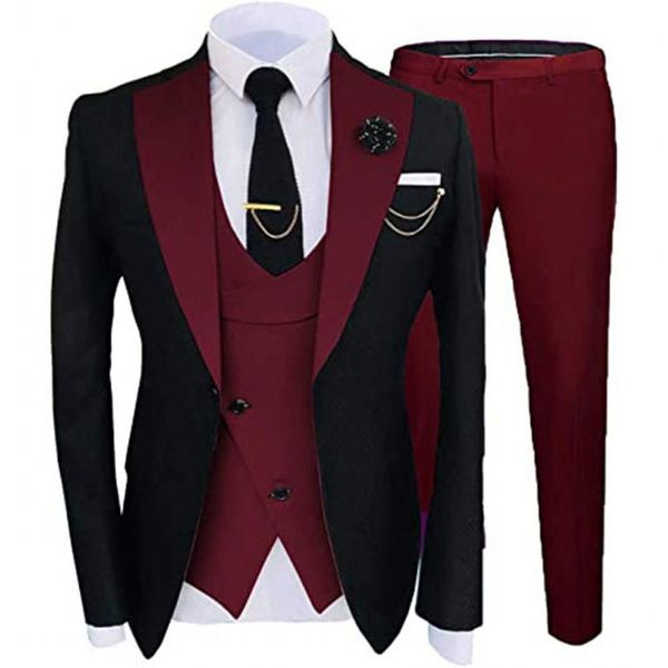 Novo popular preto 3 peças terno masculino smoking de casamento borgonha roxo lapela slim fit noivo smoking masculino jantar de formatura blazer (jaqueta + calça + gravata + colete) 775