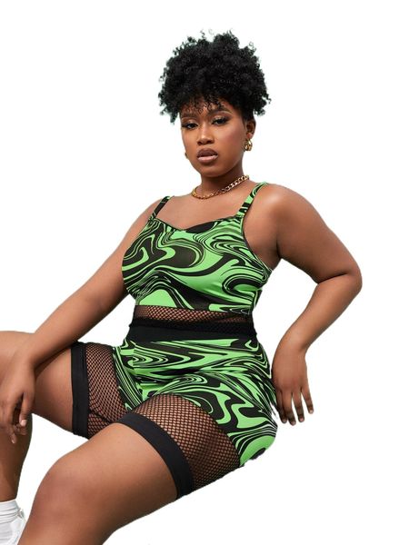 

x the modern alien plus marbled fishnet insert cami & biker shorts 35gw#, Black