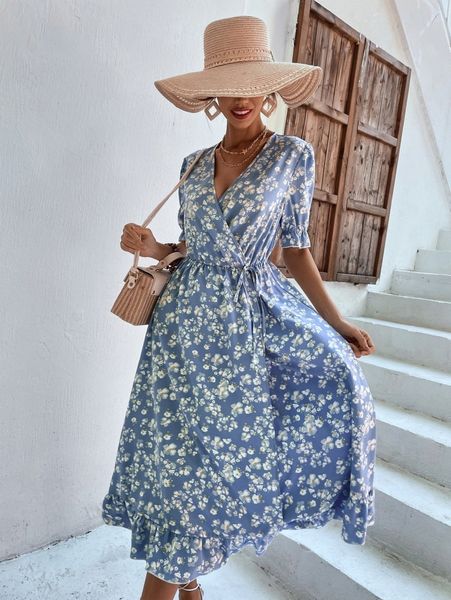 

floral print flounce sleeve knot side ruffle hem dress j0zm#, Black;gray