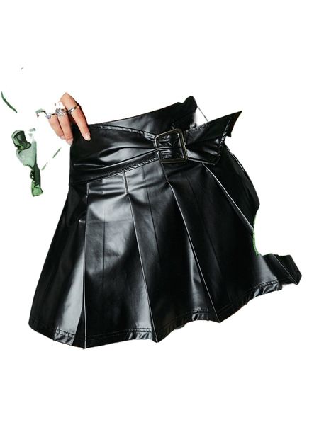 

high waist buckle pleated pu leather skirt v3ti#, Black