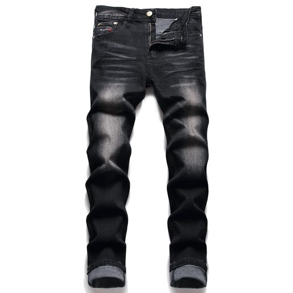 

mens designer jeans famous brand washed slim-leg jean button fly slim light weight stretch motocycle denim skinny dyeing plaid pants size 29, Blue