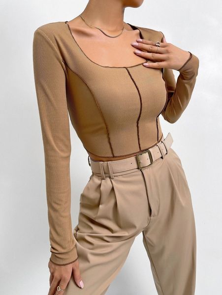 

square neck titching crop tee w1up#, White