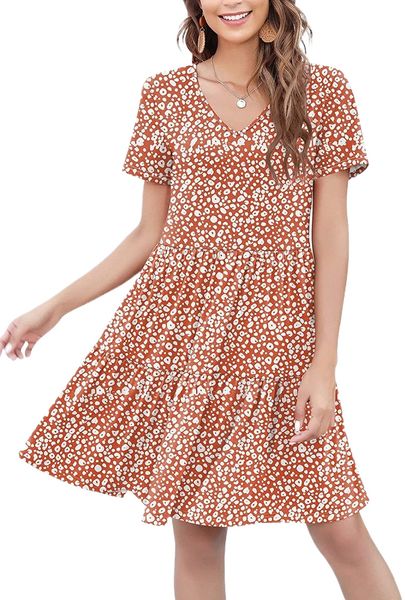 

women's casual swing shift dress summer v neck short sleeve babydoll ruffle dress tunic dress r2ai#, Black;gray