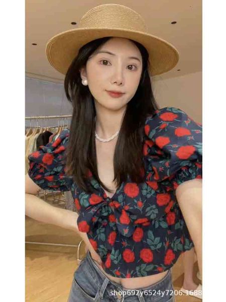 

women's blouses & shirts spring and summer niche design sense french v-neck rose broken flower bubble sleeve short shirt 0wqq pmws, White