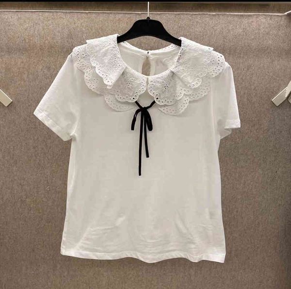 

women's t-shirt fadan  family spring and summer youth sweet wind doll collar butterfly lace up solid color t-shirt female, White