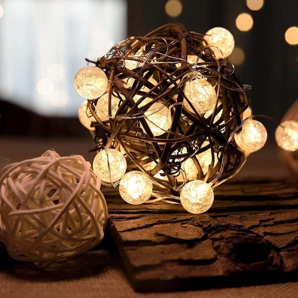 Strings Fairy Lights Bolas Bateria 1/3M USB LED String Crystal Crackle Ball Decorativa ao ar livre para festas decoradas de férias