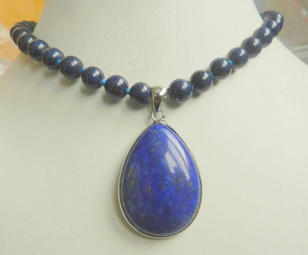 

new 8mm natural egyptian lapis lazuli gemstone 28x36mm pendant necklace 18&quot, Silver