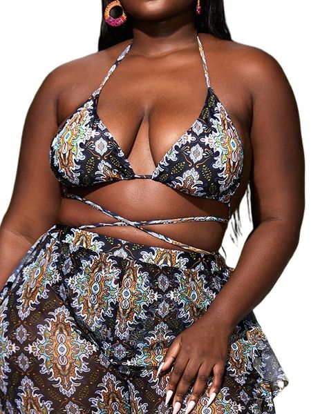 

plus allover print lace up bikini b8ej#, Black