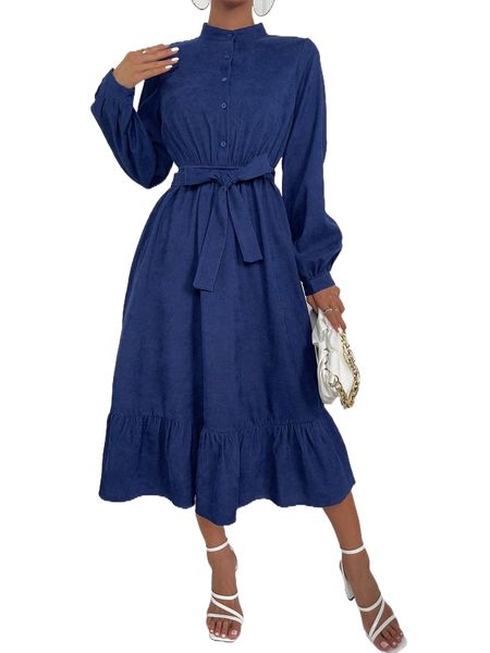 

half button lantern sleeve belted ruffle hem corduroy dress g4l2#, Black;gray