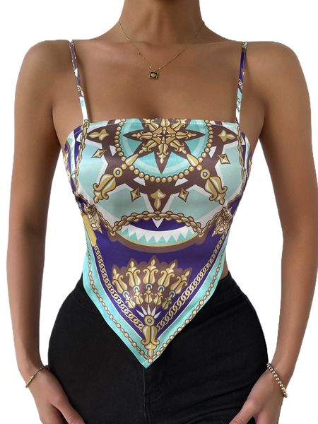 

baroque & chain print tied backless crop y35p#, White