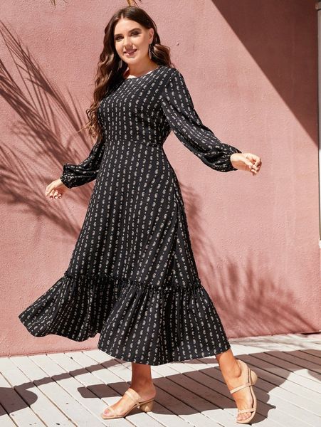 

plus paisley print lantern sleeve frill trim dress w4ee#, Black