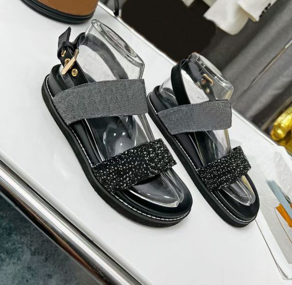 

direct selling real leather women's sandals fashion word wide band letter embroidery non slip flat shoe's luxury show party beach, Black