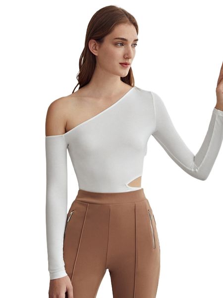 

motf premium acetate asymmetrical neck t-shirt 259x#, White