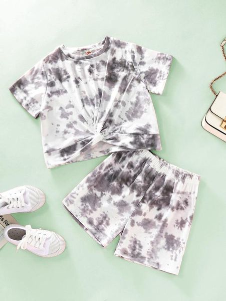 

girls tie dye twist front tee & shorts she, White