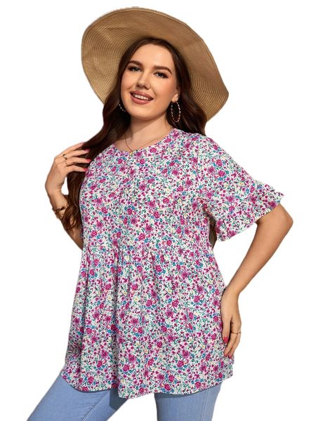 

plus ditsy floral flounce sleeve peplum blouse m1ki#, Black