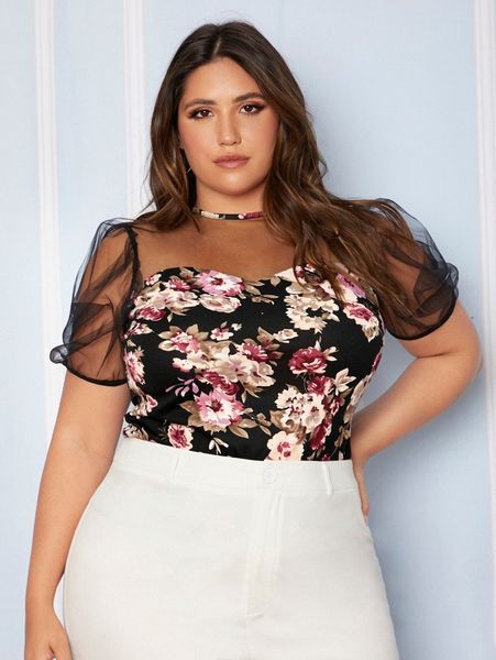 

plus keyhole back floral print mesh panel f0el#, Black