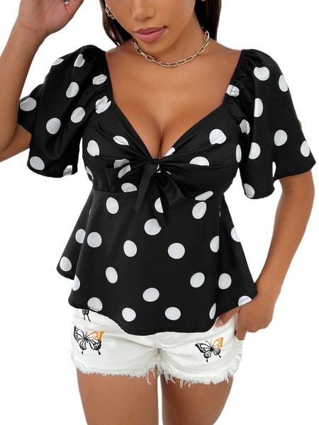 

polka dot sweetheart neck butterfly sleeve bow front blouse m9ep#, White