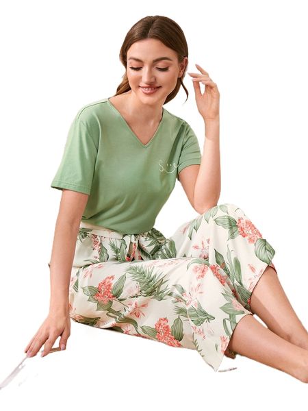 

letter & floral print belted pj set y6ar#, Black;red