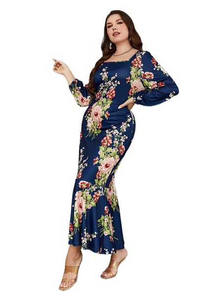 

plus floral print square neck dress n21i#, Black