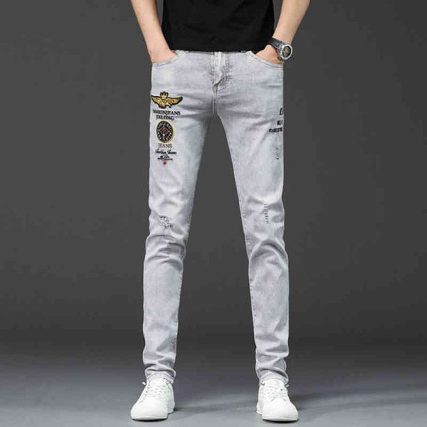 

men's jeans light grey jeans men's summer thin fashion brand loose elastic slim fitting leggings simple embroidered pants 7djh, Blue