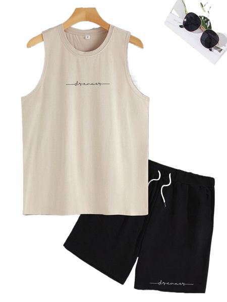 

men letter graphic tank & drawstring waist shorts k35a#, Gray