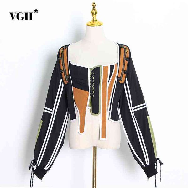 

asymmetrical patchwork button coat for women square collar lantern sleeve casual coats female fall fashion clothes 210507, Black;brown