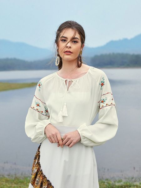 

tie front fringe detail floral embroidery bishop sleeve n9ks#, White