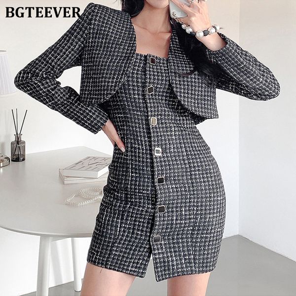 

autumn winter ladies 2 pieces women dress suits full sleeve short jackets &amp sleeveless bodycon dress elegant women set, White