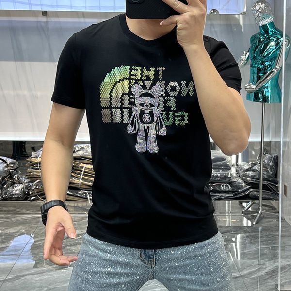 

2022 summer t shirt new trend slim-fit casual fashion trendy bear ironed diamond round collar versatile short sleeve t-shirt man, White;black