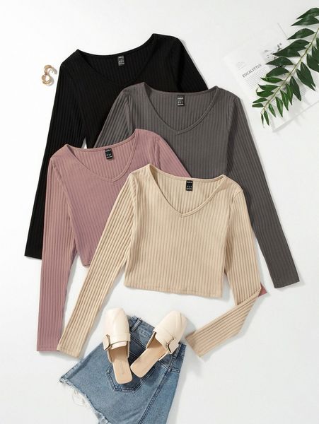 

4pcs rib-knit crop tee m5wb#, White