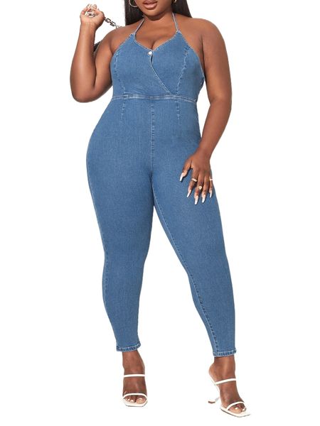 

plus cut out backless skinny denim overall y5k9#, Black;white