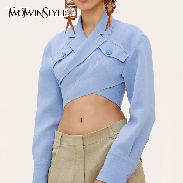 

twotwinstyle asymmetrical slim womens blouses lapel collar long sleeve casual short shirts female fashion clothes new y200402, White