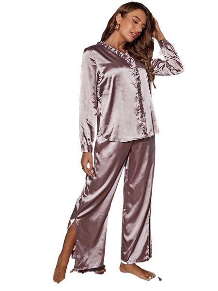 

frilled slit hem satin pj set z6fj#, Black;red