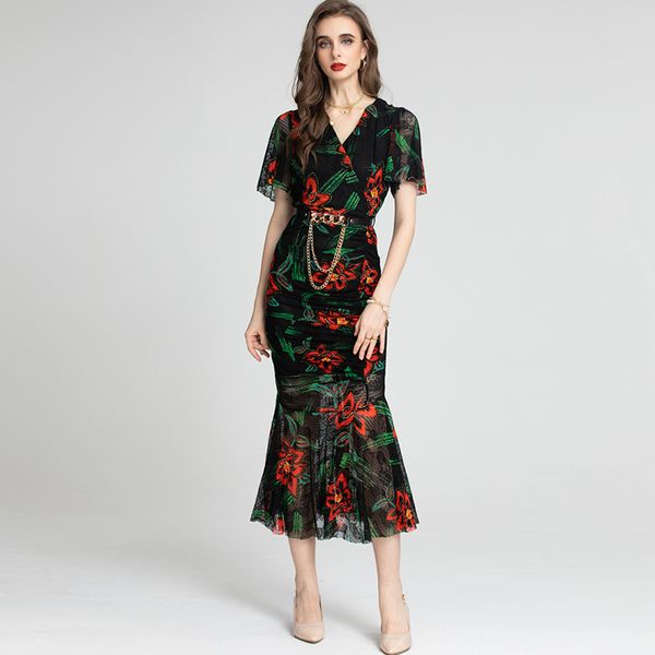 

women's runway dress v neck short sleeves printed floral ruffles fashion sheath mid vestidos, Black