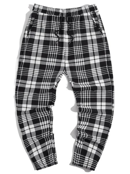 

men plaid print drawstring waist pants 98td#, Black