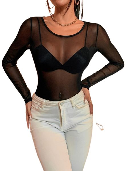 

round neck mesh sheer bodysuit without bra g2th#, White