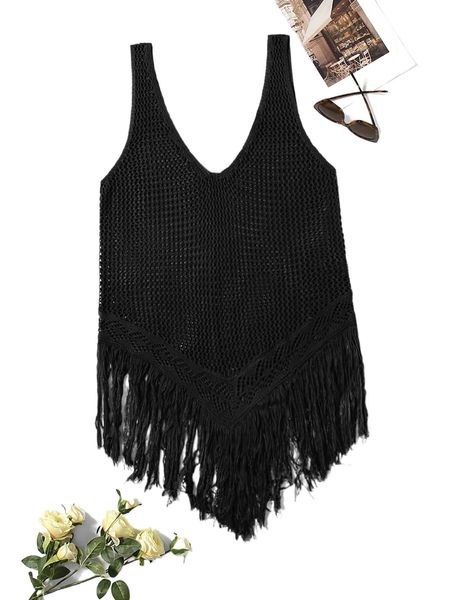 

plus macrame hollow out cover up d9ec#, Black