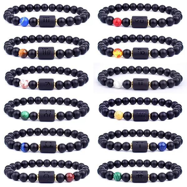 12 Bracelets de constelação de constelação Homem Men Breands de Pedra Black Sigra de pulseira Sigra do zodíaco Horóscopo Amante Casal Bracelet Jóias de amizade