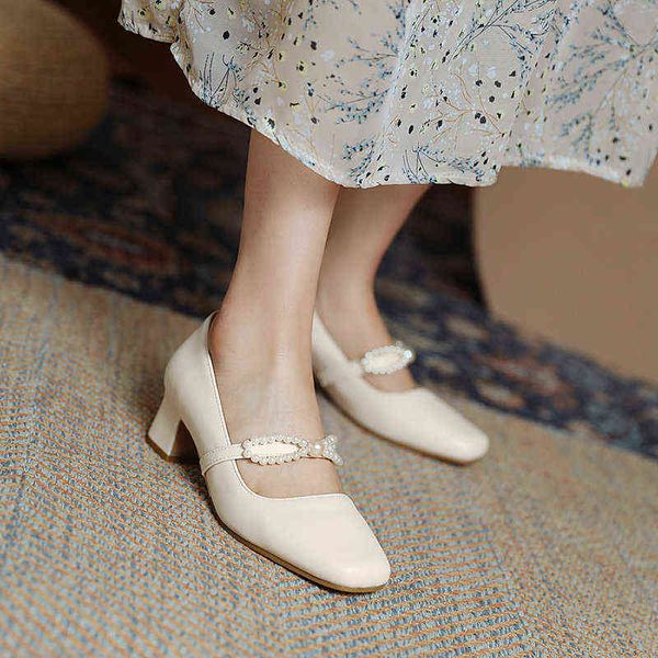 

dress shoes pearl decoration pumps for women genuine leather mary jane red est office lady woma 220318, Black