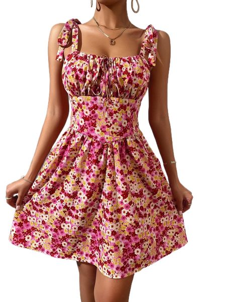

allover floral print ruched bust cami dress l412#, Black;gray