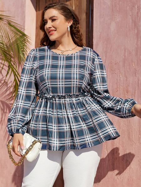 

plus random plaid lantern sleeve frill trim peplum blouse q9q6#, Black