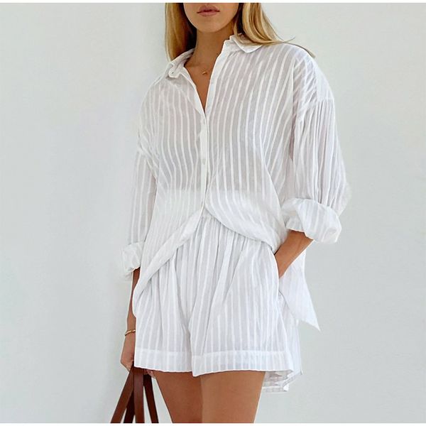 

women's tracksuits casual jacquard shirt shorts sets women striped lantern long sleeve 2 pieces set female loose summer elegant lady o, Gray