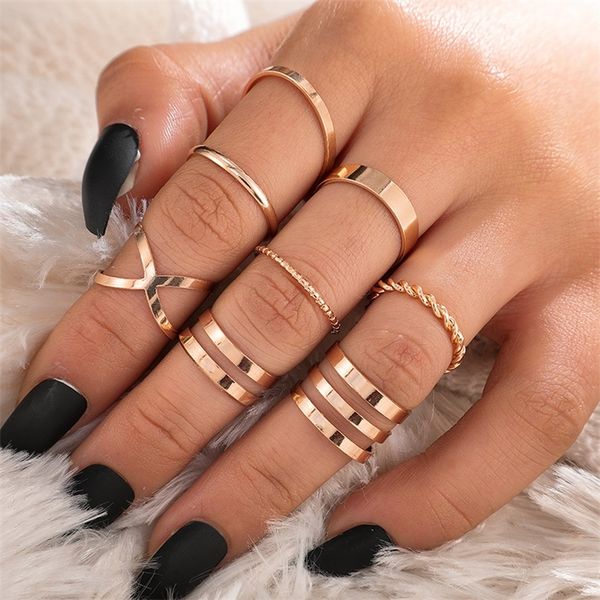 

lats punk gold color round hollow geometric rings set for women girls fashion cross twist open joint ring female jewelry 220728, Slivery;golden