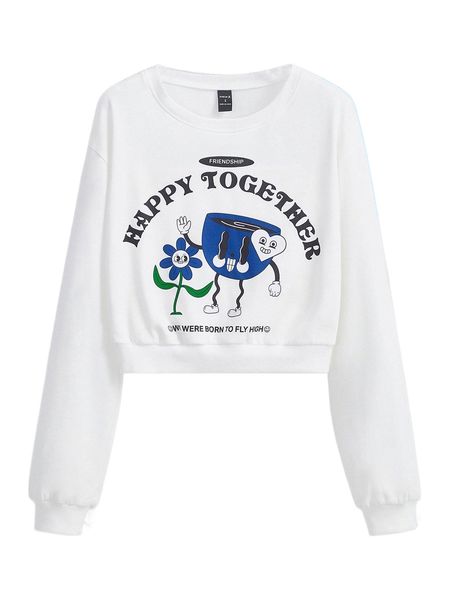 

x antar cartoon & slogan graphic drop shoulder sweatshirt t2wh#, Black