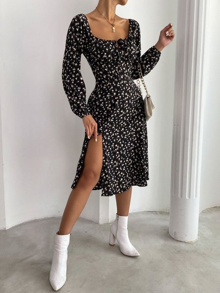 

ditsy floral knot front split hem dress f6hk#, Black;gray