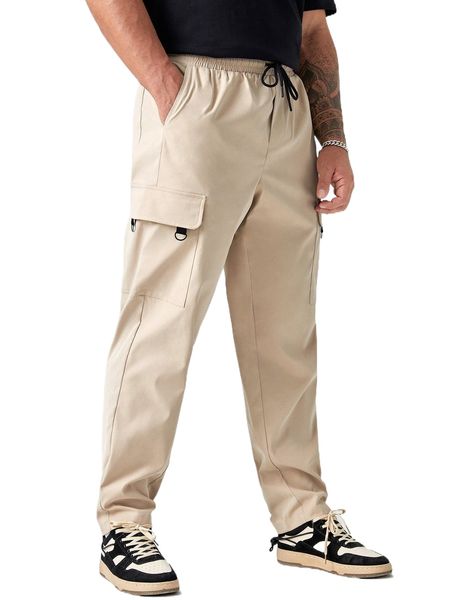 

extended sizes men drawstring waist flap pocket cargo pants z9ho#, Black